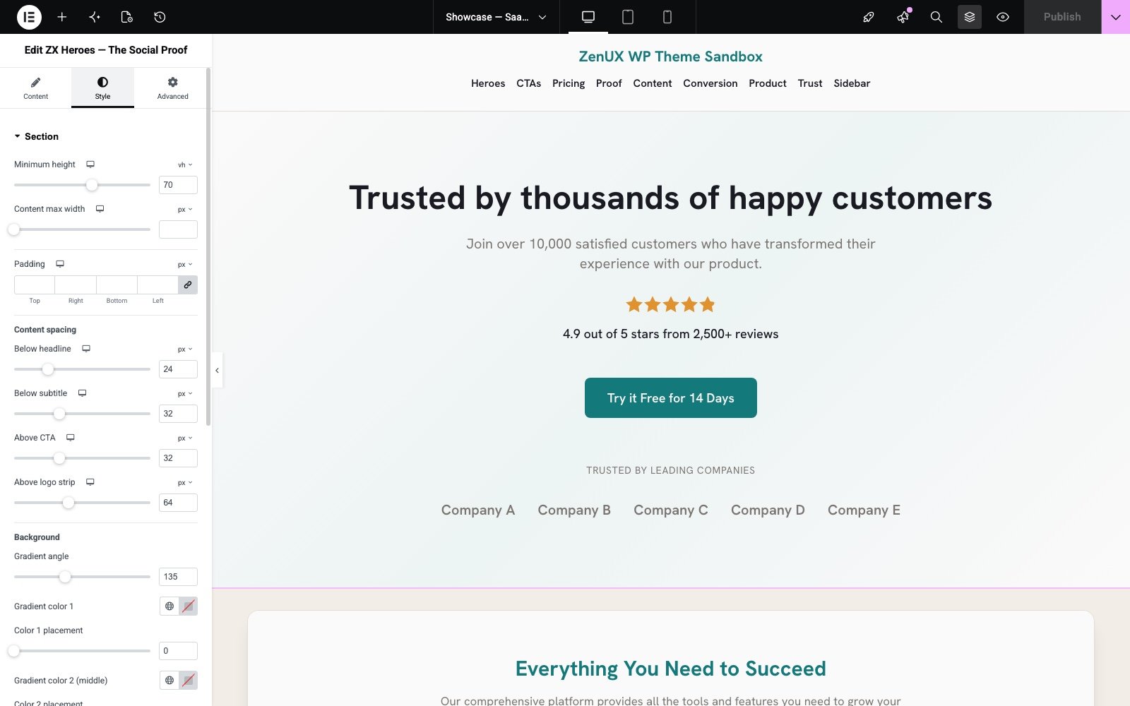 A ZenUX pattern's Style panel — section sizing, content spacing, background gradient controls