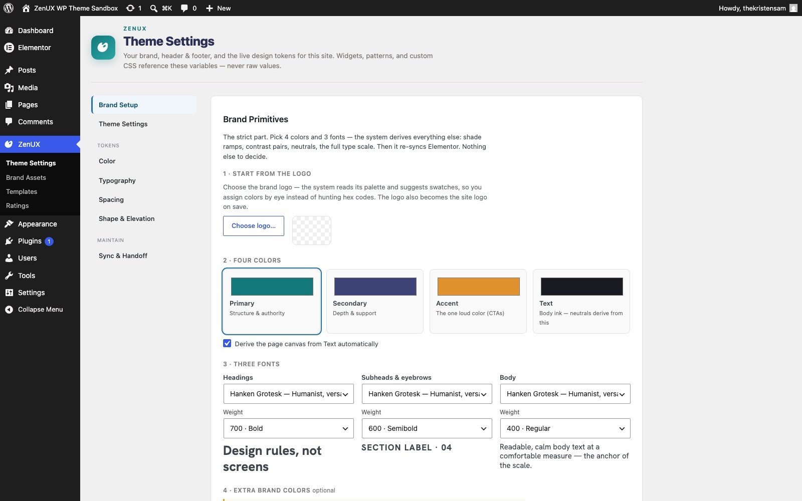 ZenUX Theme Settings — Brand Primitives: four colors, three fonts, the system derives the rest