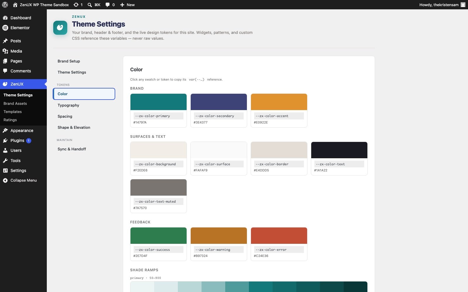 The live color token reference — every --zx-* variable with click-to-copy swatches