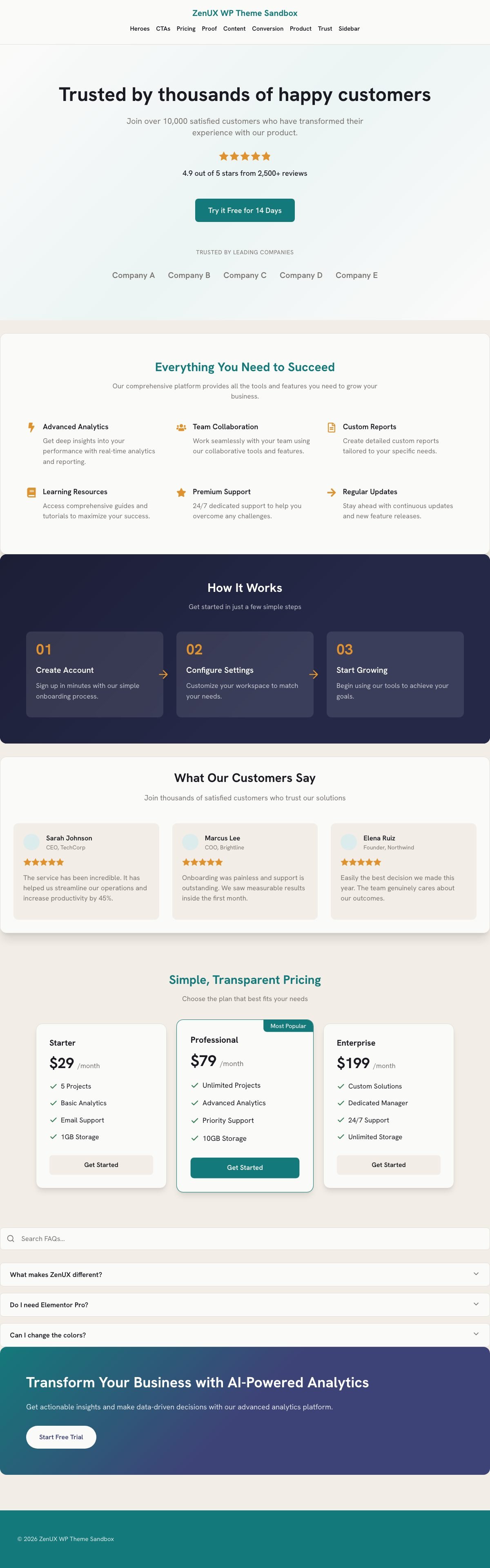 A complete SaaS landing page built only from ZenUX patterns